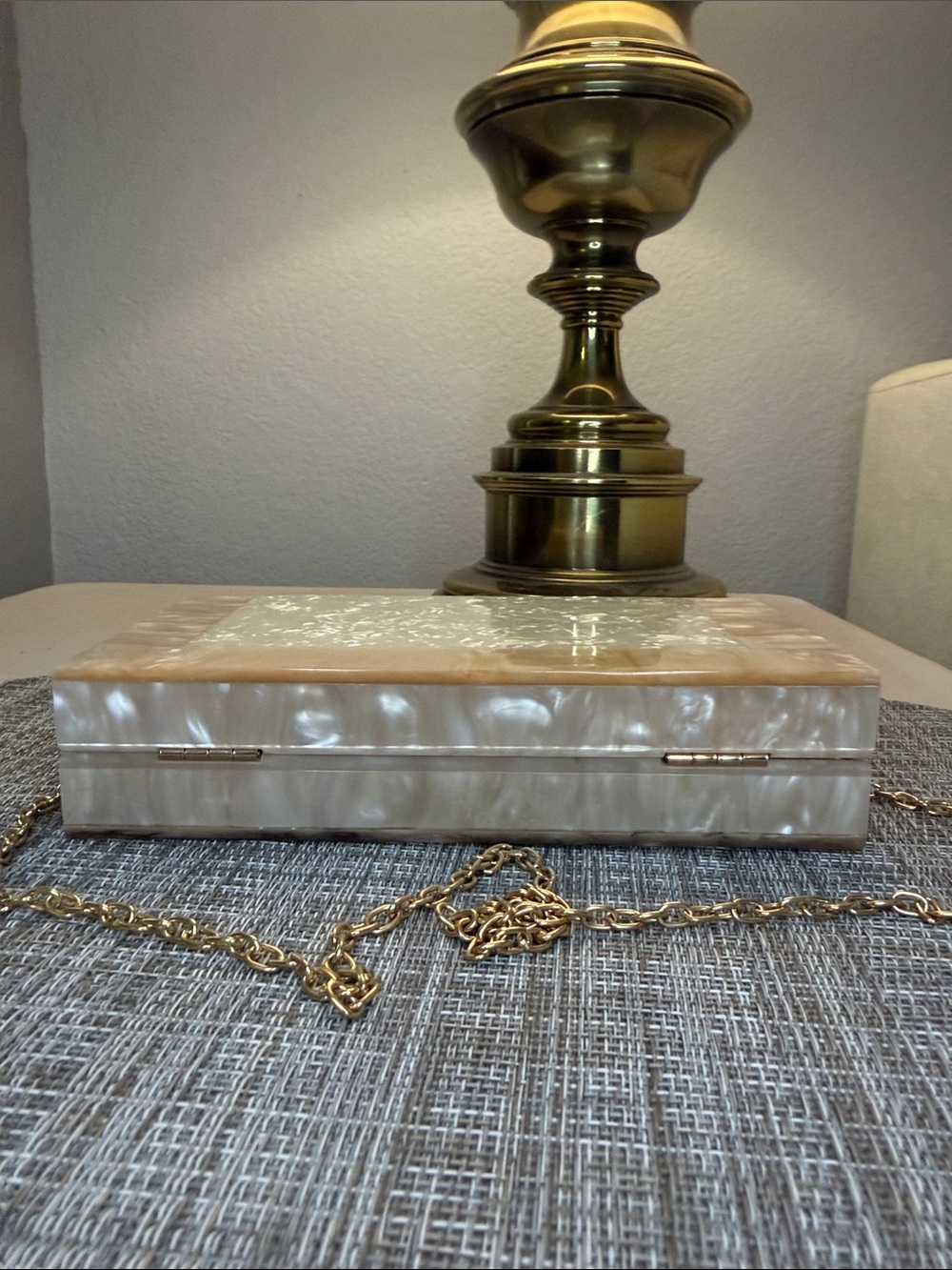 Pearlescent Beige Acrylic Box Clutch with Gold Chain - Picture 5 of 6